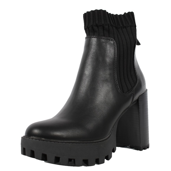 Black Round Toe Lug Platform Knit Panel Block Heel - Picture 2 of 7